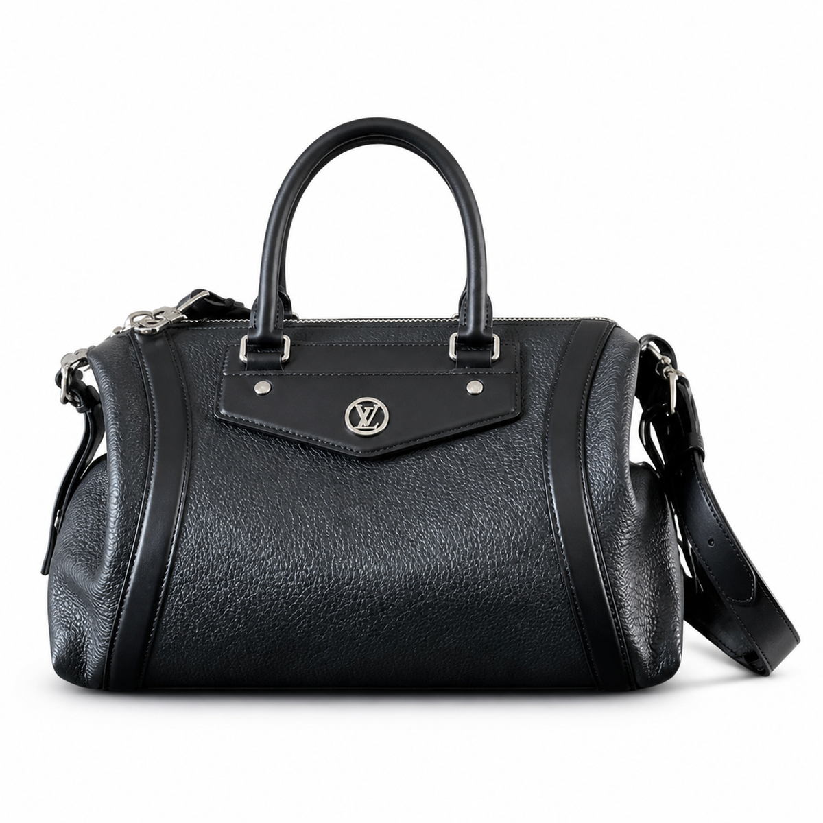 Louis Vuitton Black Leather Boston Bag with Shoulder Strap - Front View