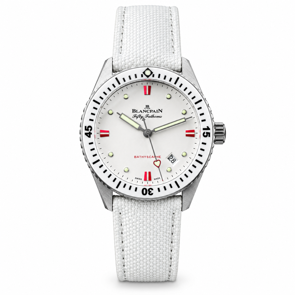 Blancpain Fifty Fathoms Bathyscaphe Heart Edition white dial with red indices and canvas strap